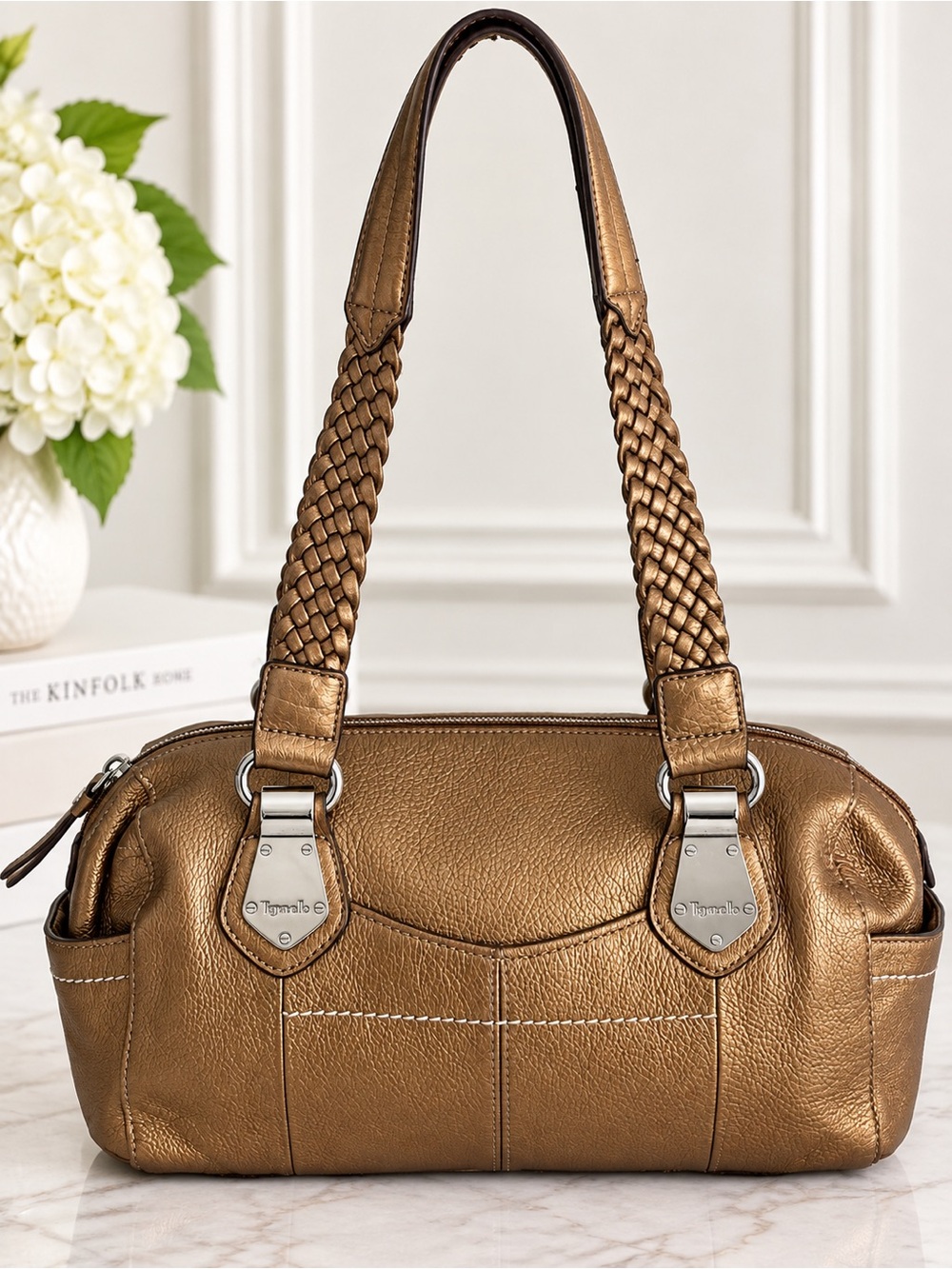 Tignanello Bronze Leather Shoulder Bag Braided Straps Satchel